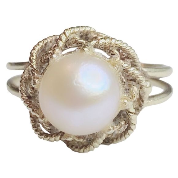 10k 10kt Yellow Gold Weave Setting Pearl Ring Sz 5.75